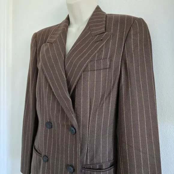 Vintage Emporio Armani Double Breasted Wool Blazer Jacket Brown Striped EU40 US8 - Picture 3 of 10